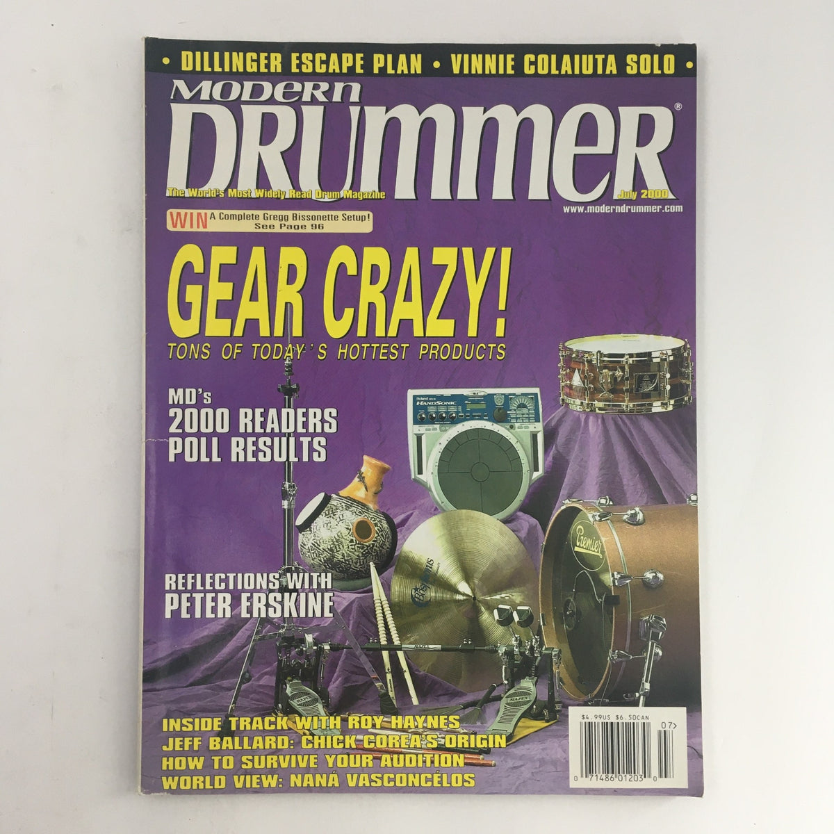 Cover of Modern Drummer Magazine July 2000 featuring Vinnie Colaiuta, Peter Erskine, and Jeff Ballard, showcasing drumming equipment, providing insights into the latest in the drumming world.