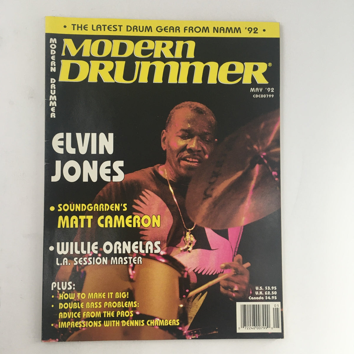 Cover of Modern Drummer Magazine May 1992 featuring Elvin Jones, Matt Cameron of Soundgarden, and Willie Ornelas. The magazine highlights interviews and insights from these drumming legends, showcasing the evolution of drumming styles in the early 1990s.