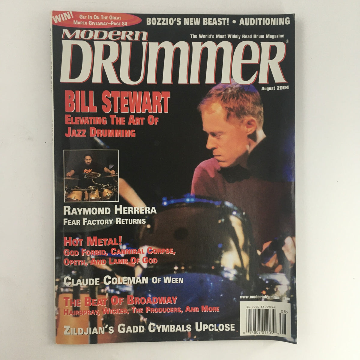 Modern Drummer Magazine August 2004 featuring Bill Stewart on drums and Raymond Herrera, highlighting their contributions to jazz and metal drumming.