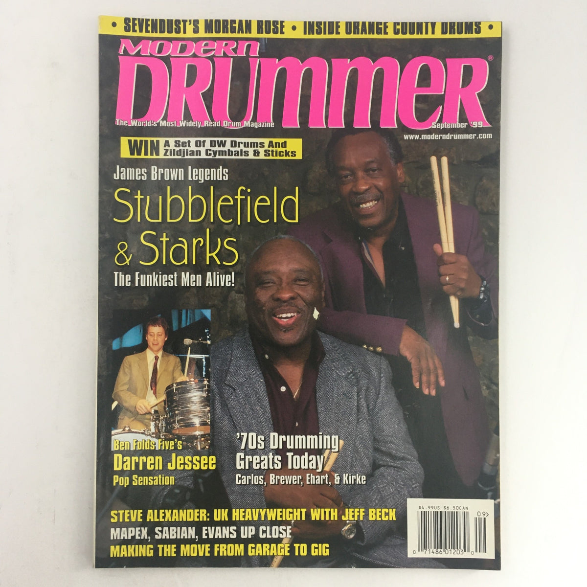 Cover of Modern Drummer Magazine September 1999 featuring Clyde Stubblefield and John Jabo Starks, highlighting their influence in drumming with vibrant colors and bold headlines.