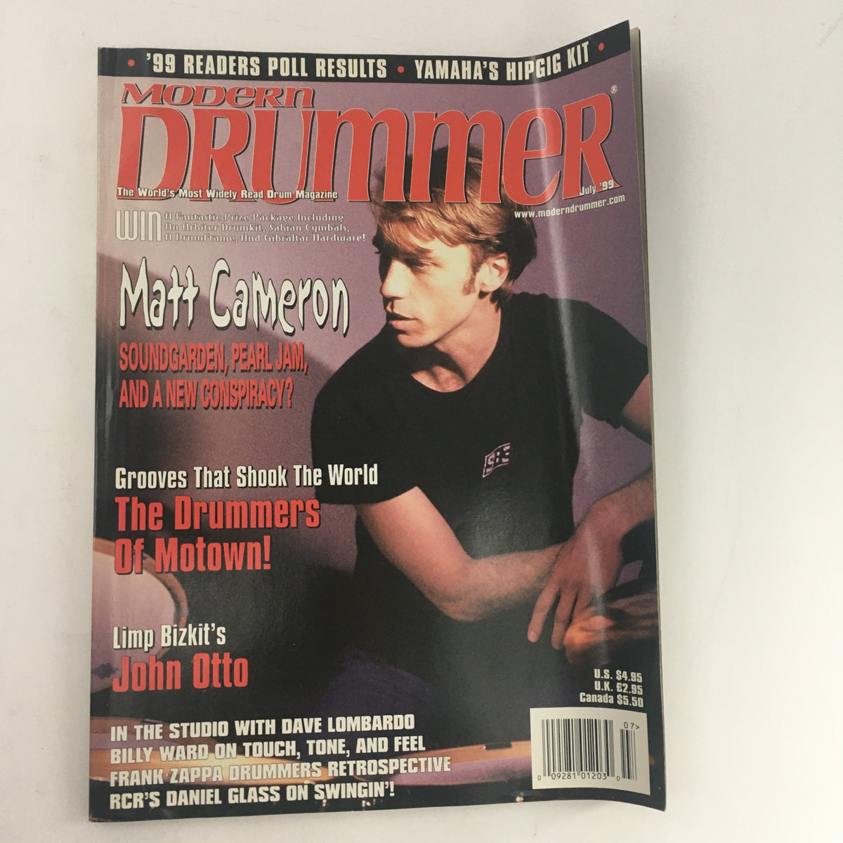 Cover of Modern Drummer Magazine July 1999 featuring Matt Cameron from Soundgarden and Pearl Jam, John Otto from Limp Bizkit, with headlines about drumming and music culture.