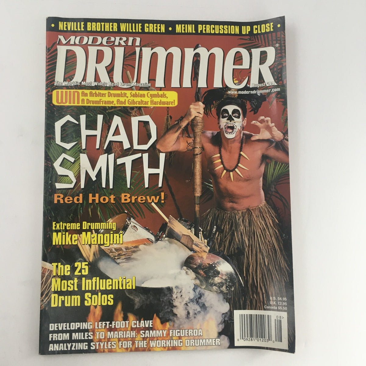 Modern Drummer Magazine August 1999 featuring Chad Smith on the cover in tribal attire, promoting extreme drumming with Mike Mangini, and highlighting influential drum solos.