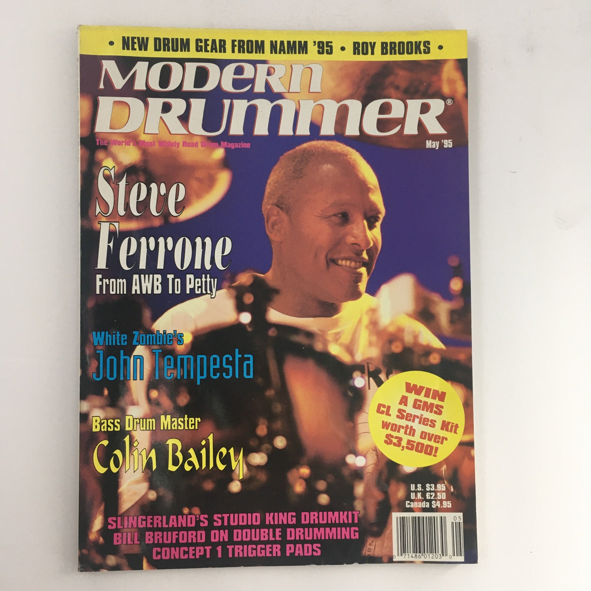Cover of Modern Drummer Magazine May 1985 featuring an image of drummer Steve Ferrone, alongside highlights of John Tempesta from White Zombie and Colin Bailey, showcasing topics on drumming techniques and gear.