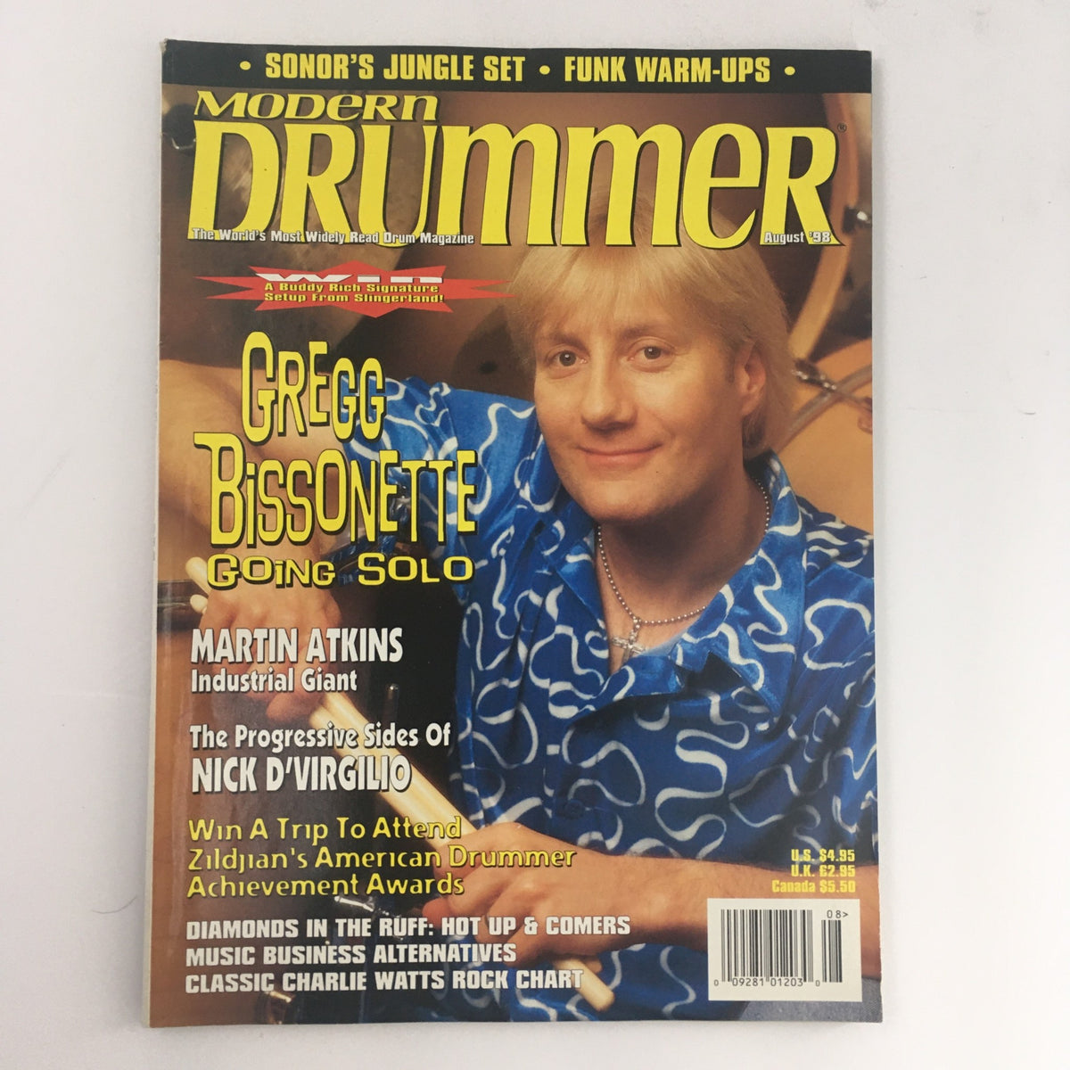 Cover of Modern Drummer Magazine August 1998 featuring Gregg Bissonette and Martin Atkins, showcasing drumming insights and techniques.