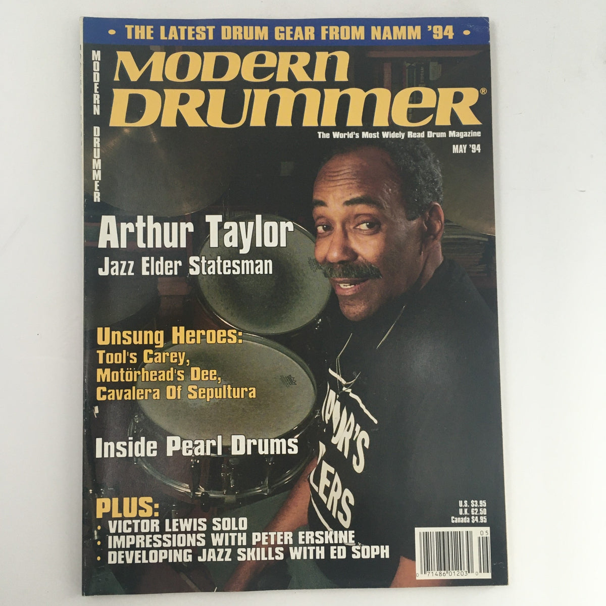Cover of Modern Drummer Magazine May 1994 featuring Arthur Taylor as the Jazz Elder Statesman, showcasing articles about drumming and drummers, including Victor Lewis and Peter Erskine.