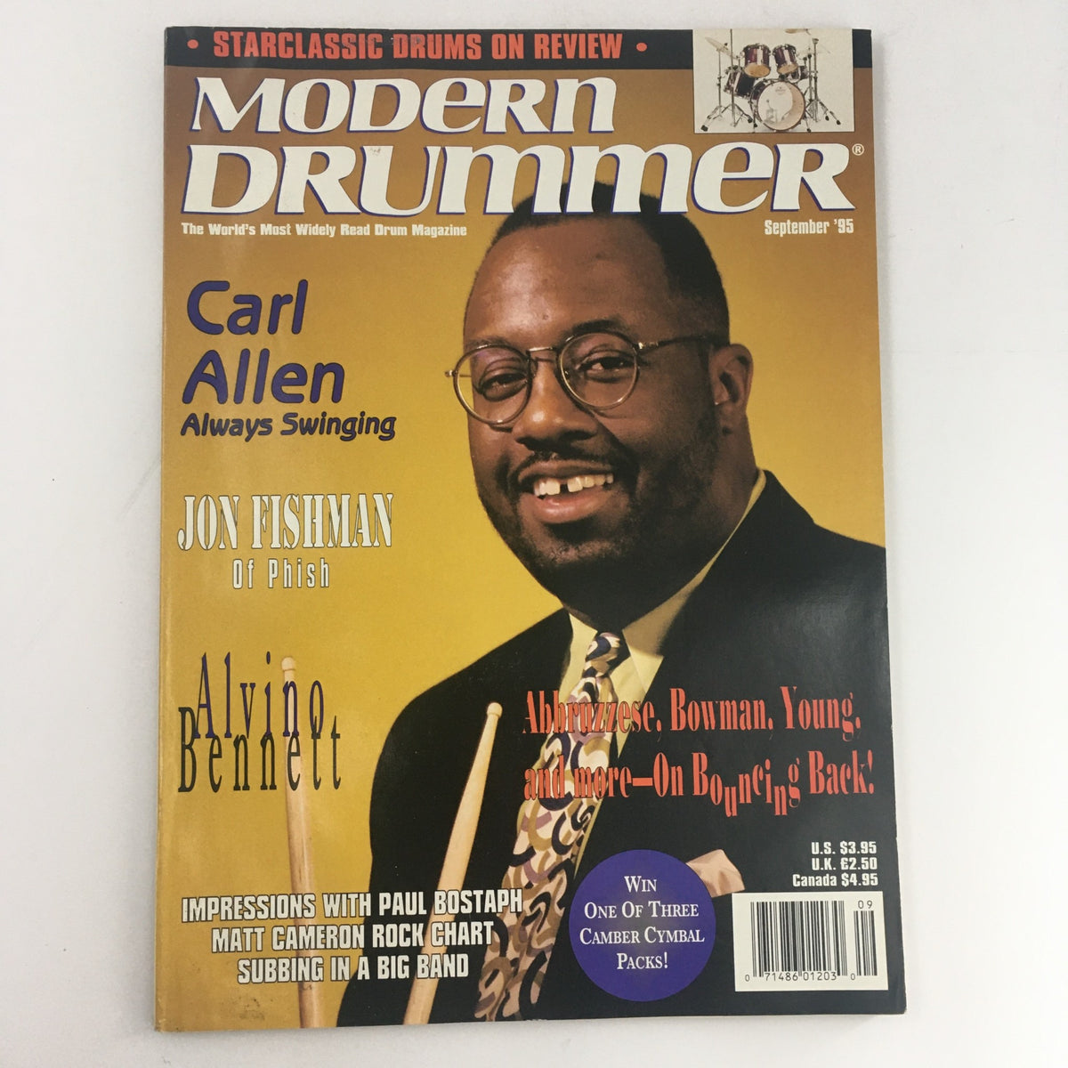 Cover of Modern Drummer Magazine September 1995 featuring Carl Allen, Jon Fishman, and Alvino Bennett. Highlights include drumming insights and techniques, collectible magazine in very good condition.