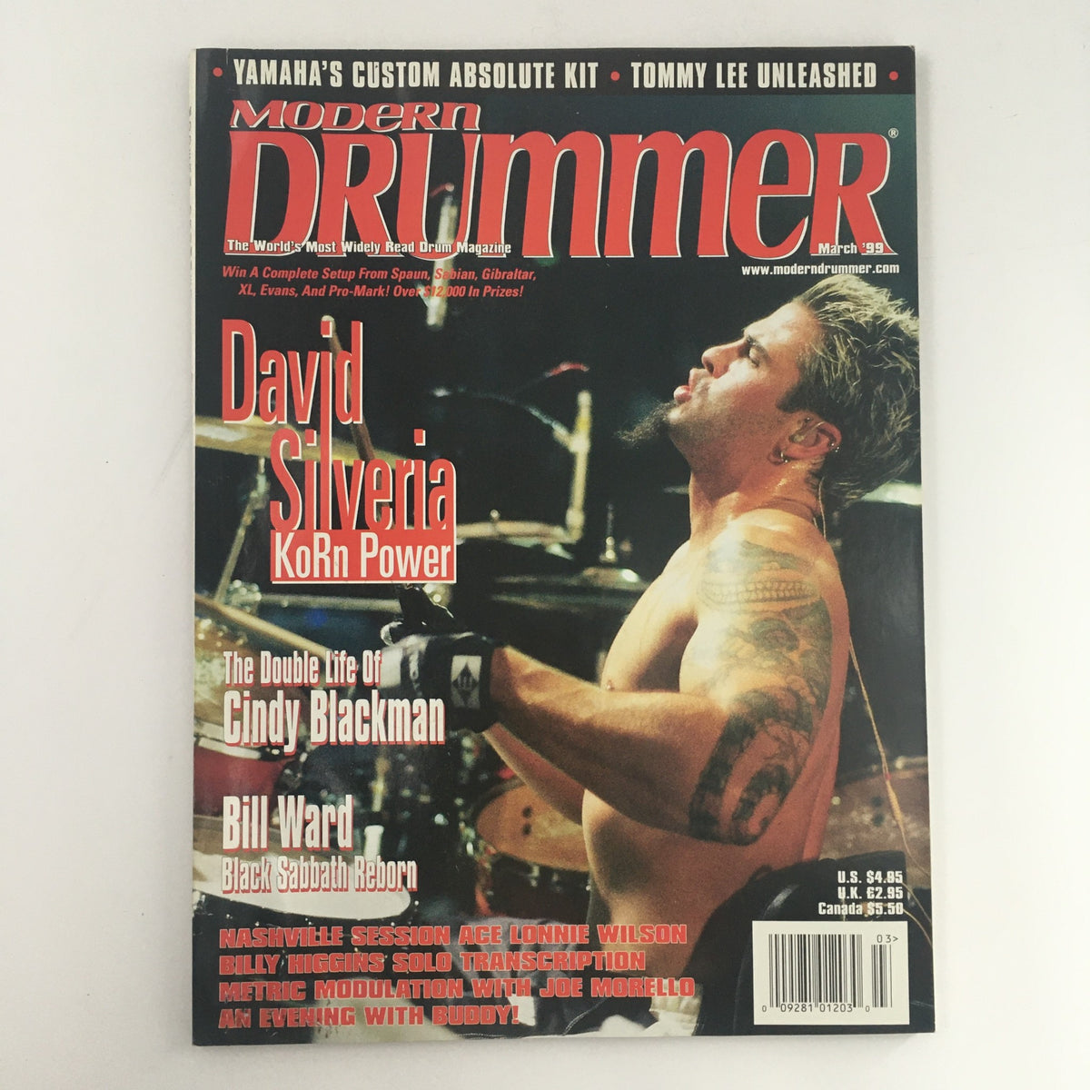Cover of Modern Drummer Magazine March 1999 featuring David Silveria from Korn, Cindy Blackman, and Bill Ward, highlighting drumming stories and interviews.