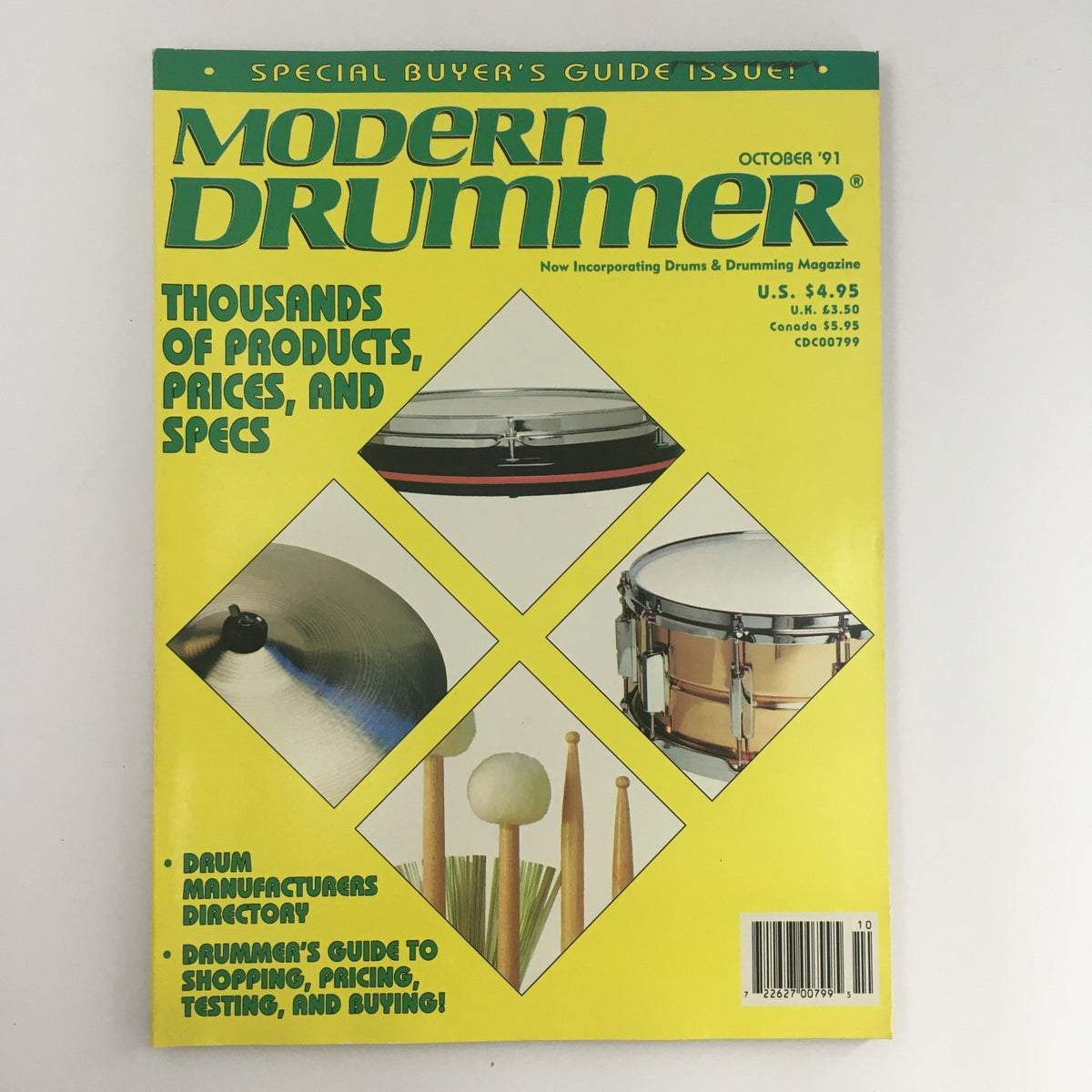 Cover of the Modern Drummer Magazine, October 1991 Special Buyer’s Guide Issue & Directory, featuring vibrant yellow design with graphics of drums, cymbals, and drumsticks, highlighting thousands of products, prices, and specs for drumming enthusiasts.