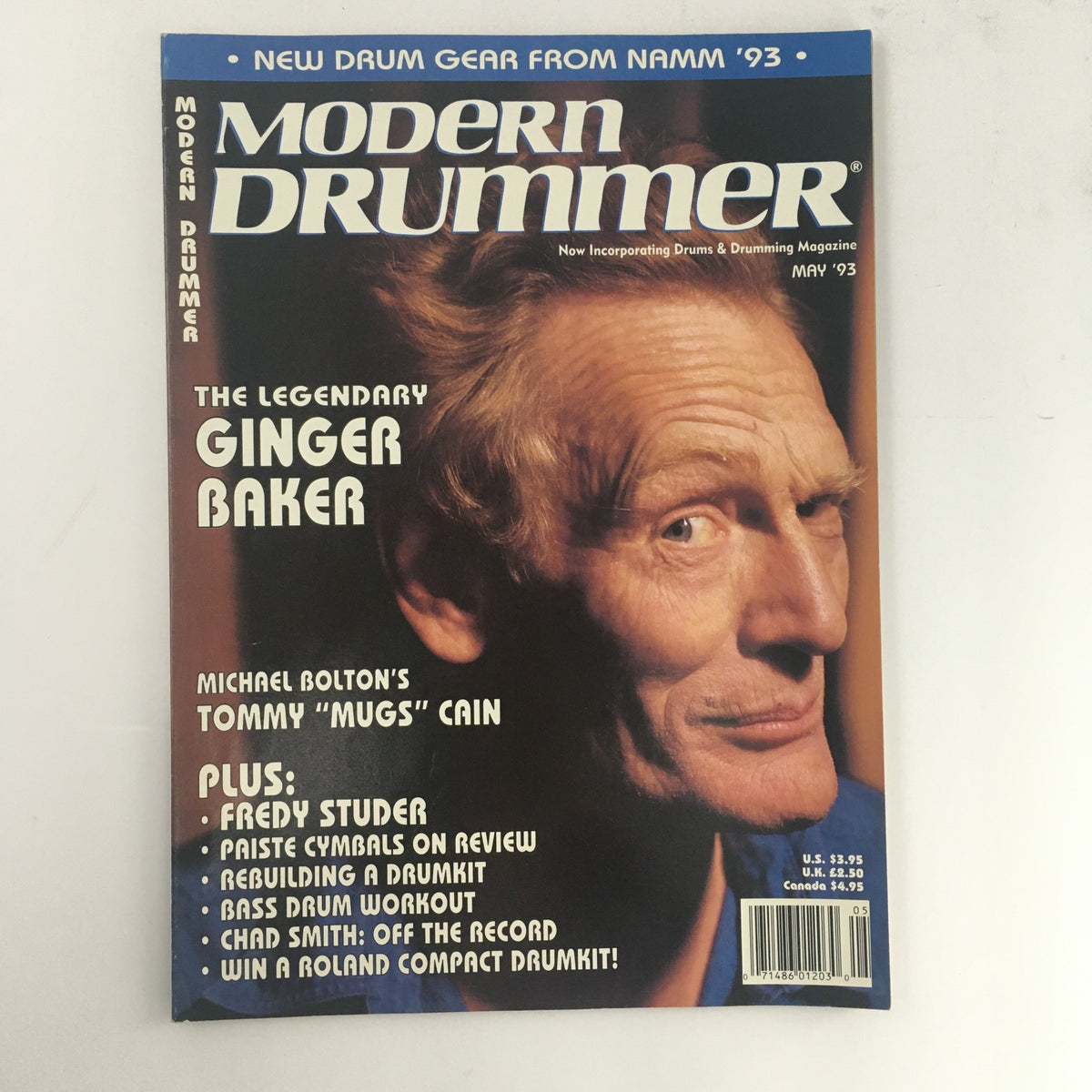 Cover of Modern Drummer Magazine May 1993 featuring Ginger Baker, Tommy Cain, and Fredy Studer. The magazine includes highlights such as drum gear from NAMM '93 and articles on drumming techniques. Ideal for collectors and music enthusiasts.