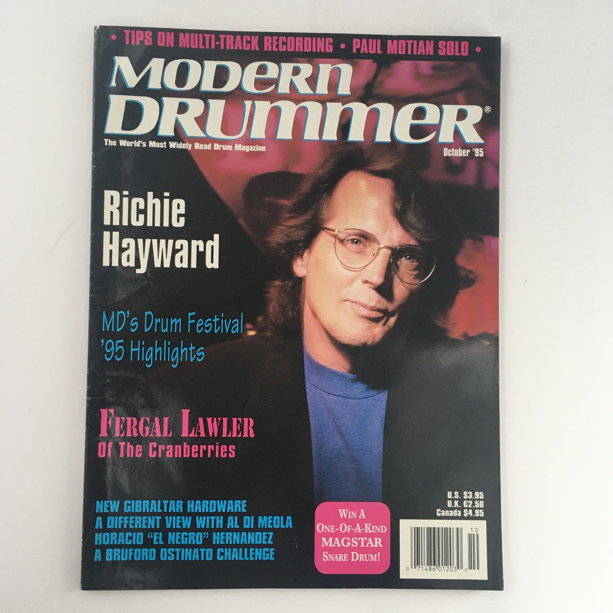 Cover of Modern Drummer Magazine October 1995 featuring Richie Hayward, with highlights of MD's Drum Festival '95, interviews with Fergal Lawler and Al Di Meola.