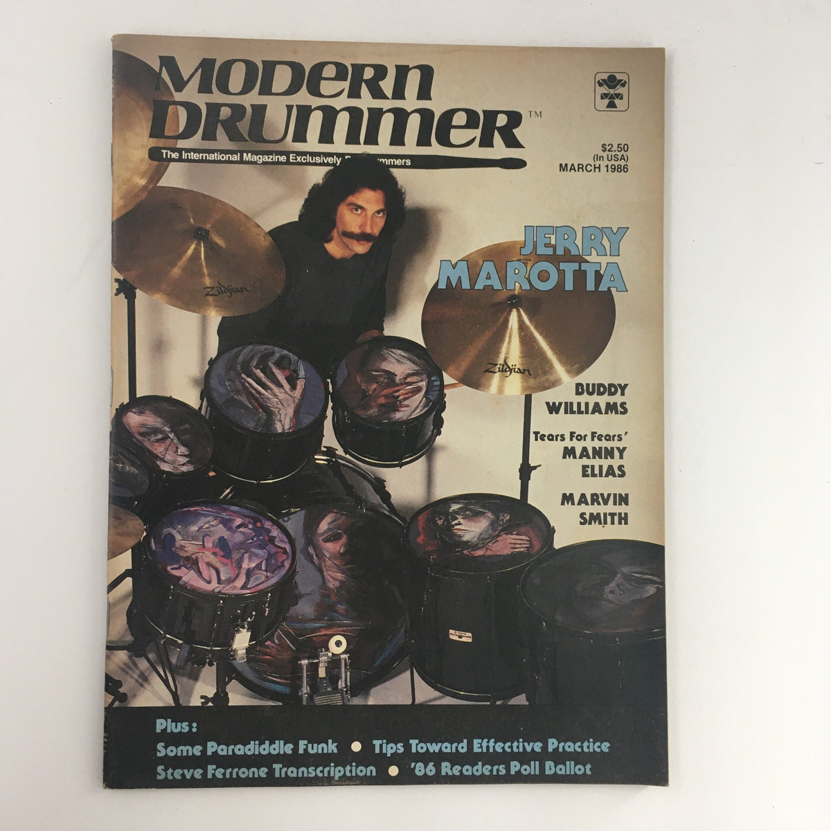 Cover of Modern Drummer Magazine March 1986 featuring Jerry Marotta, showcasing legendary drummers including Buddy Williams and Manny Elias, with artistic drum visuals.