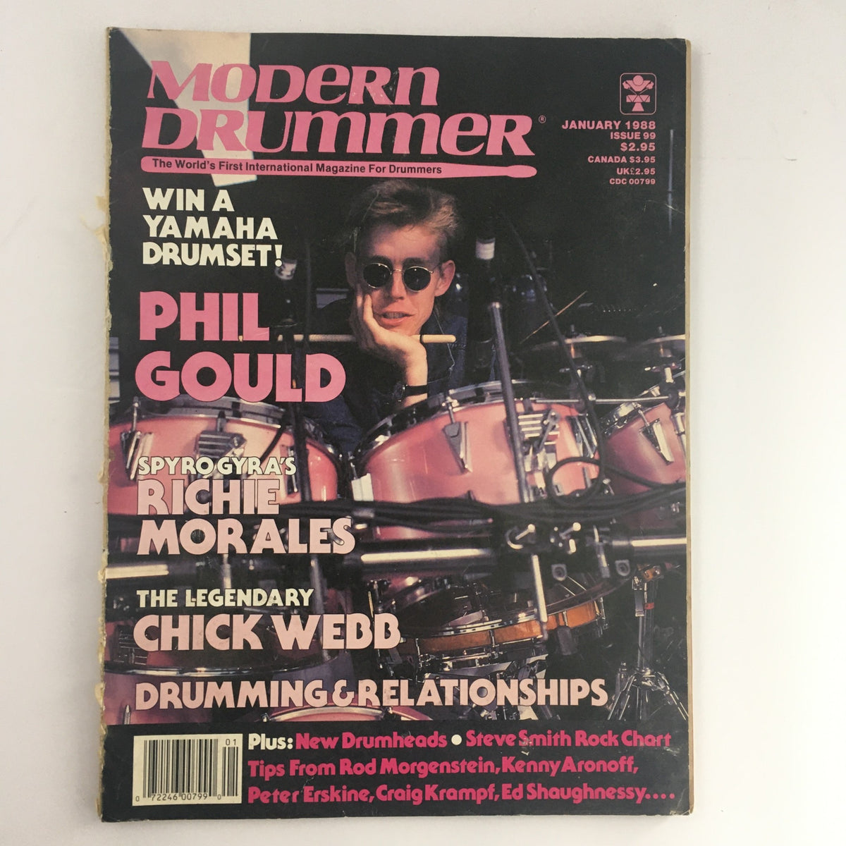 Cover of Modern Drummer Magazine January 1988, featuring Phil Gould, Richie Morales, and Chick Webb with a design highlighting the issue's content on drumming and relationships.