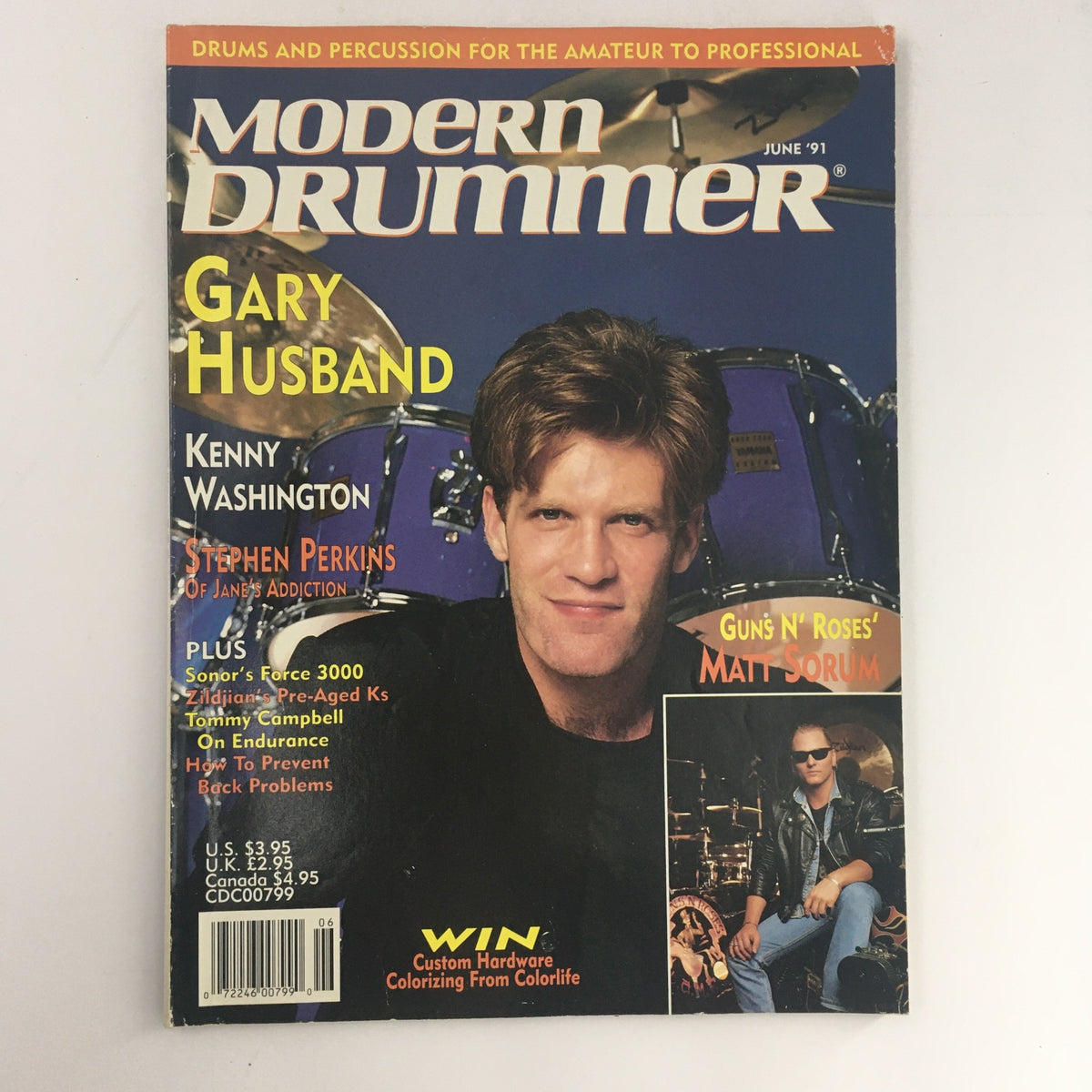 Cover of Modern Drummer Magazine June 1991 featuring Gary Husband, Stephen Perkins, and Matt Sorum. The magazine showcases drumming insights and interviews from renowned drummers including Kenny Washington.