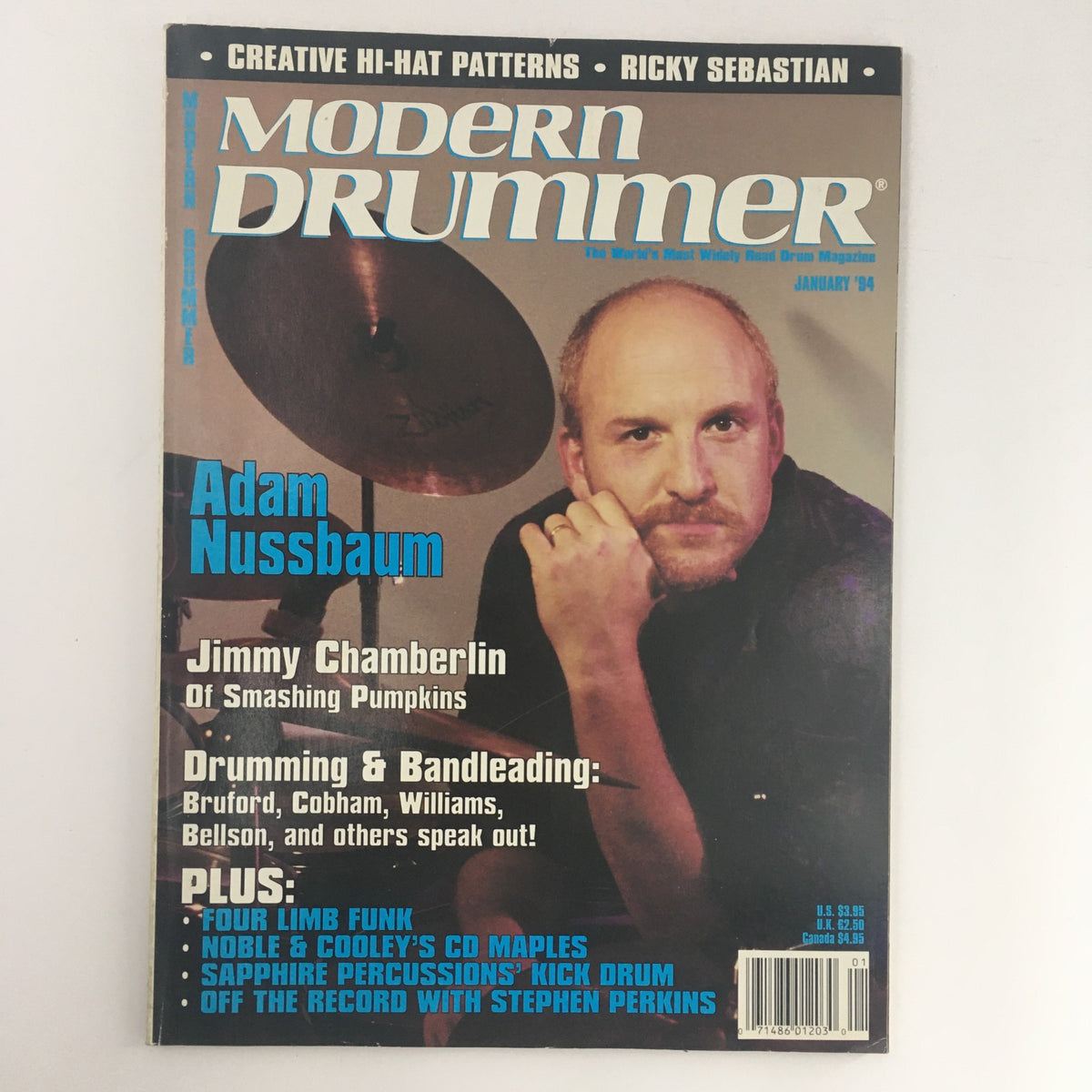 Cover of Modern Drummer Magazine January 1994 featuring drummers Adam Nussbaum and Jimmy Chamberlin, highlighting drumming techniques and bandleading insights.