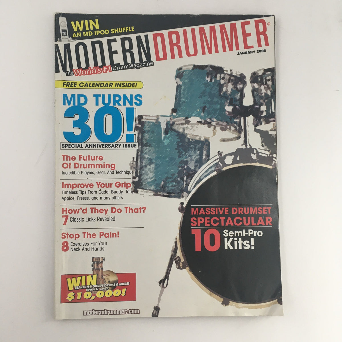 Cover of Modern Drummer Magazine January 2006 featuring the theme 'The Future of Drumming', articles on improving grip, and a showcase of 10 semi-pro drum kits.