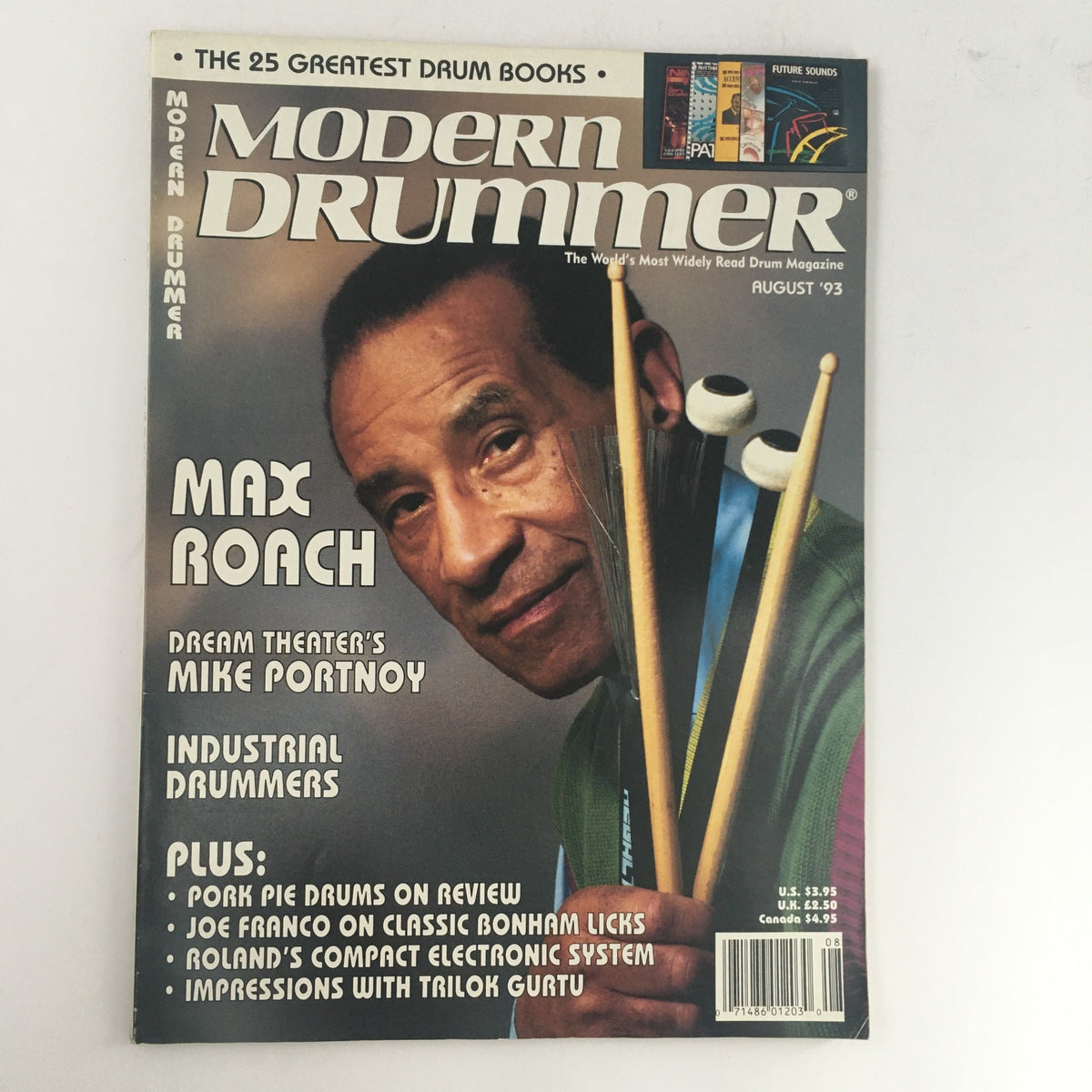 Cover of Modern Drummer Magazine August 1993 featuring Max Roach and Mike Portnoy, highlighting influential drummers and articles.