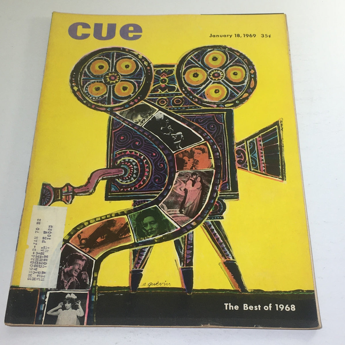 Cover of Cue Magazine: January 18, 1969, featuring vibrant illustrations and the title "The Best of 1968" highlighted, designed by Abe Gurvin.