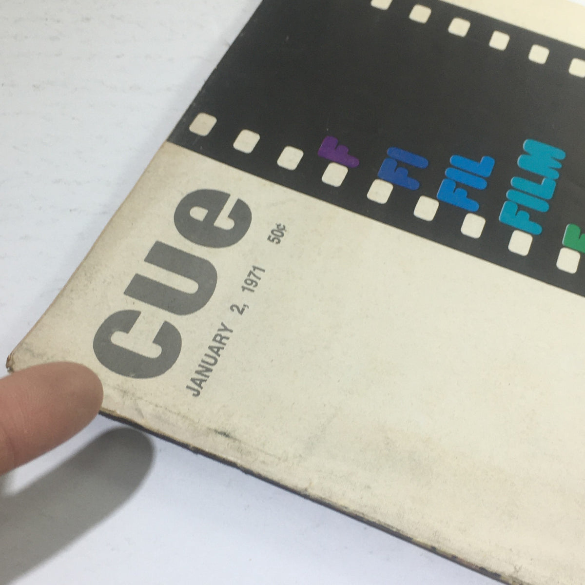 Close-up of the cover of Cue Magazine dated January 2, 1971, highlighting the title 'CUE' and the publication date, with artistic lettering reflecting the Film Forecast theme.