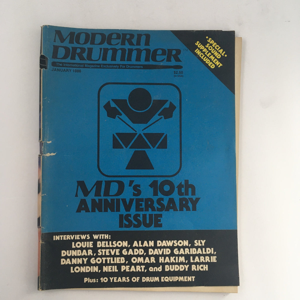 Cover of Modern Drummer Magazine January 1986 featuring MD Hall of Fame with Buddy Rich and Neil Peart, showcasing the magazine's 10th Anniversary issue and highlighting interviews with iconic drummers.
