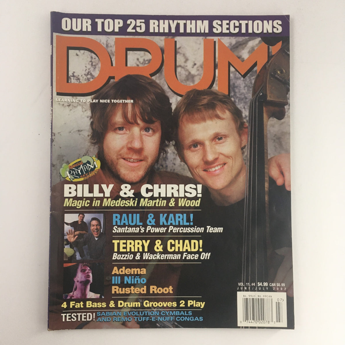 Drum Magazine June-July 2002 Vol 11 #4 featuring Billy Martin and Chris Wood on the cover, showcasing the vibrant music scene with articles on renowned musicians and insights into jazz and experimental music.
