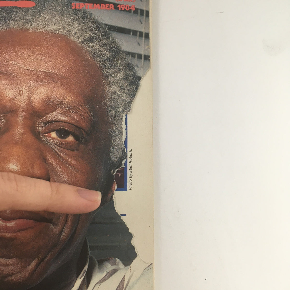 Close-up of the cover of Modern Drummer Magazine September 1984, featuring Art Blakey's facial expression, showcasing the magazine's focus on legendary drummers and their impact on rhythm and percussion.