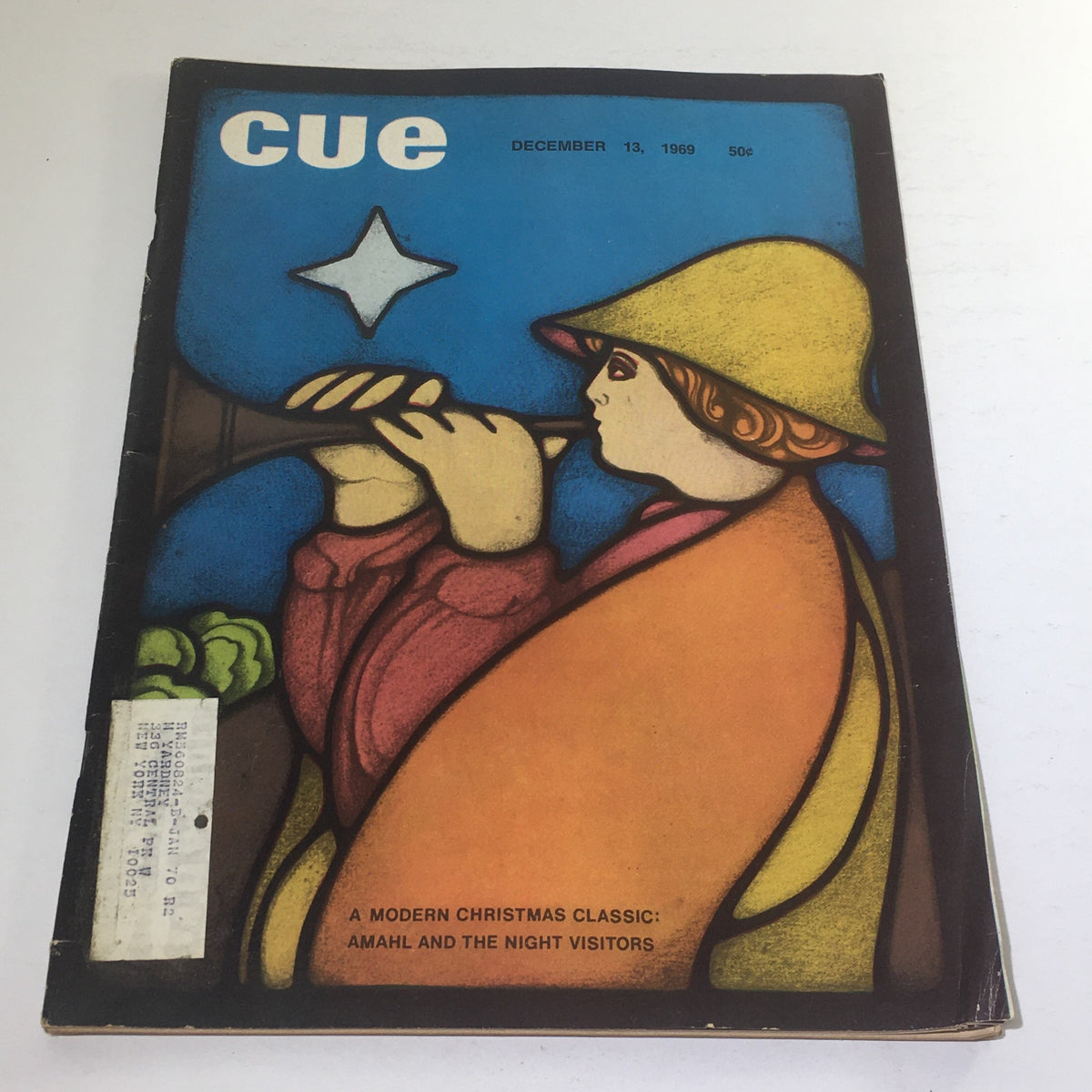 Cue Magazine cover dated December 13, 1969, featuring artwork related to 'Amhahl & The Night Visitors,' showcasing a colorful illustration of a musician playing a flute against a blue background, perfect for collectors of vintage holiday publications.