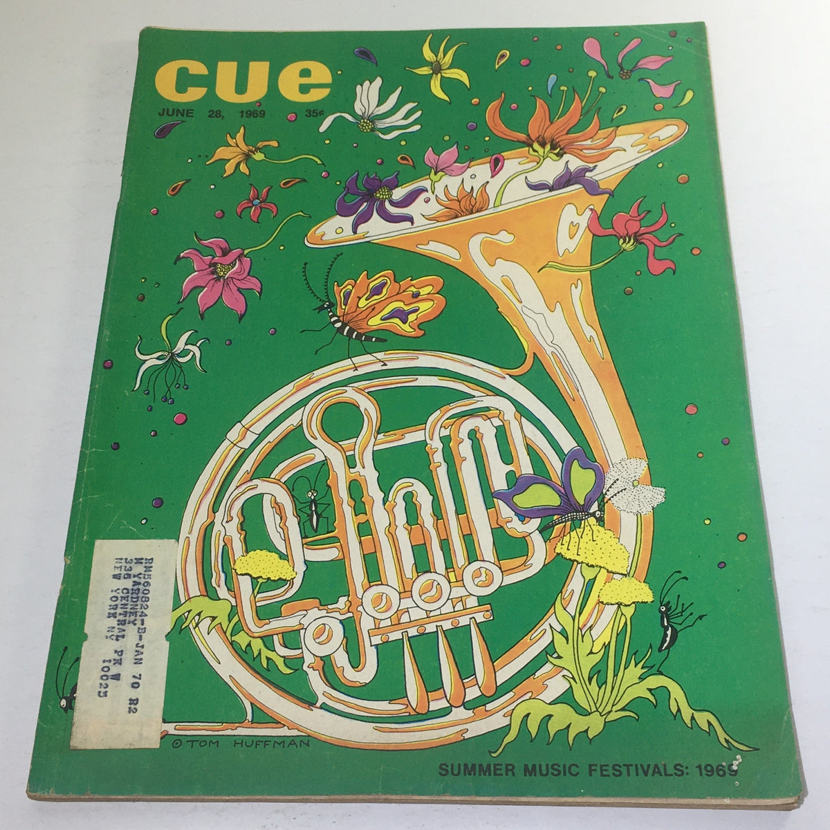 Cue Magazine cover from June 26, 1969 featuring a vibrant summer music festival theme illustrated by Tom Huffman, showcasing a colorful French horn surrounded by flowers and butterflies.