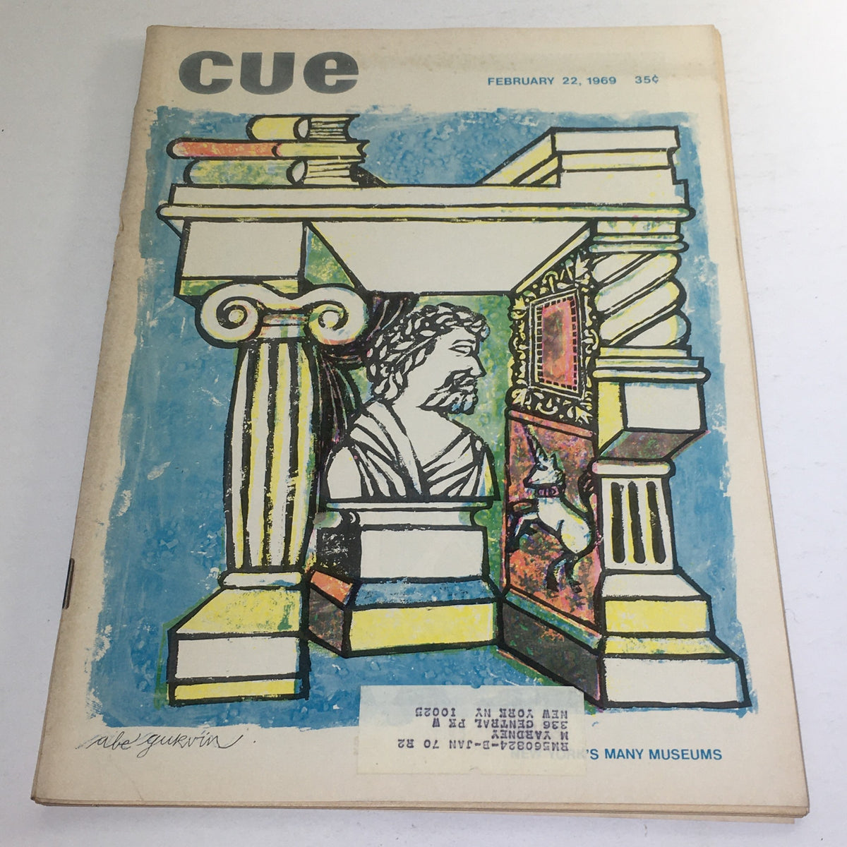 Cover of Cue Magazine from February 22, 1969 featuring an artistic illustration by Abe Gurvin, depicting a historical theme with columns, a statue, and vibrant colors.
