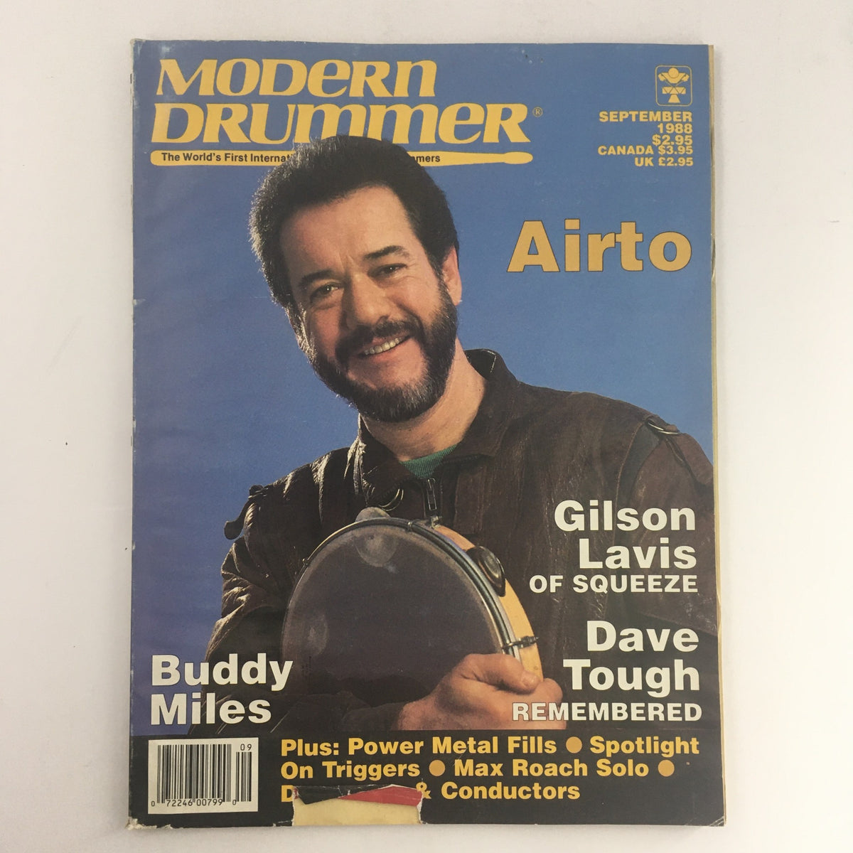 Modern Drummer Magazine September 1988 cover featuring Airto Moreira, Buddy Miles, and Gilson Lavis, showcasing essential insights into late 80s drumming culture.
