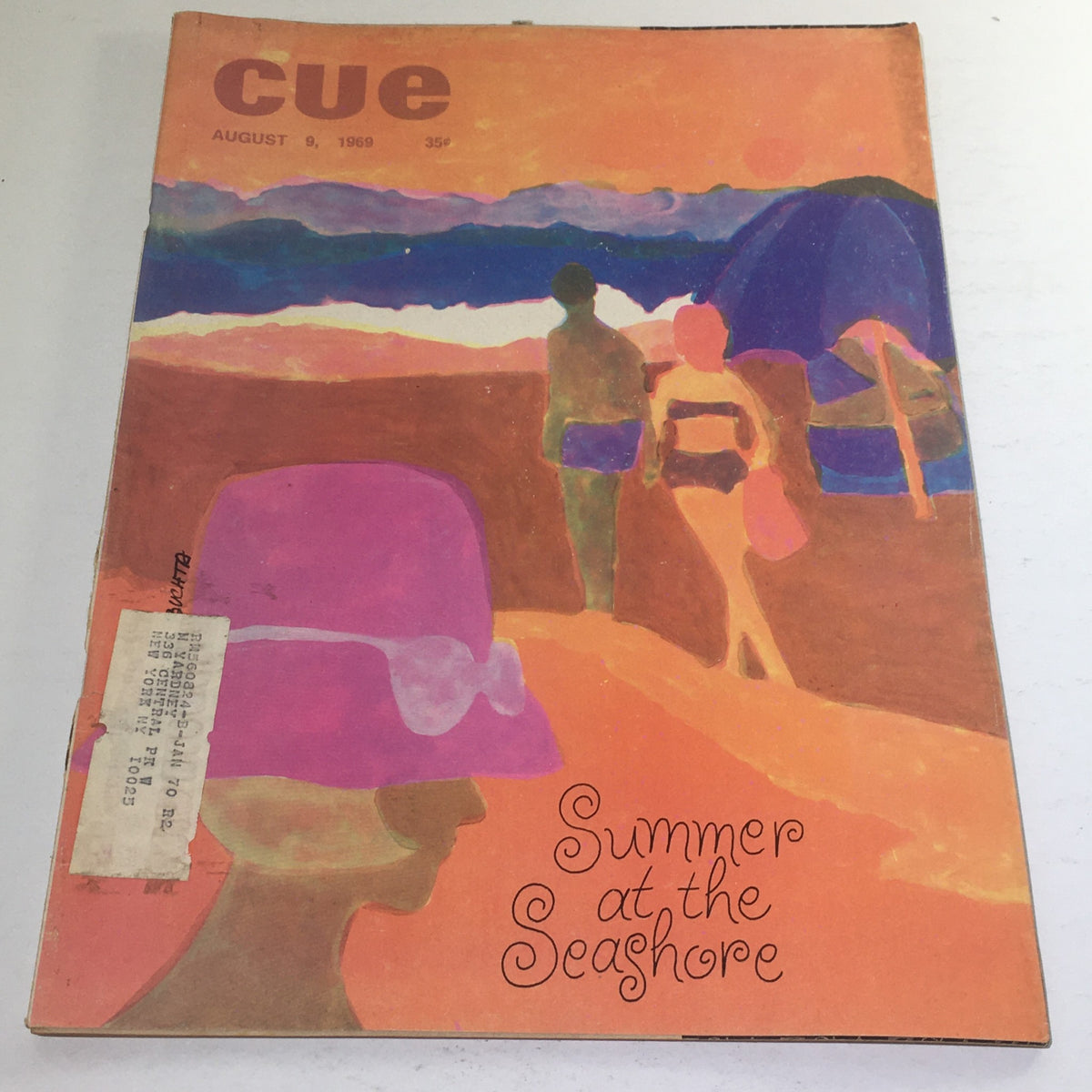 Cue Magazine: August 9, 1969 - Full Magazine featuring a vibrant theme cover art titled 'Summer at the Seashore' by Anthony Buchta, capturing a nostalgic beach scene.