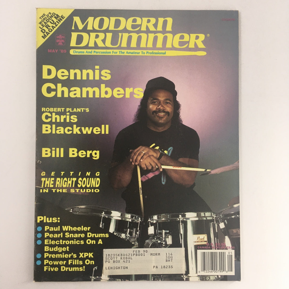 Cover of Modern Drummer Magazine May 1989 featuring Dennis Chambers, Chris Blackwell, and Bill Berg, highlighting their contributions to the drumming world.