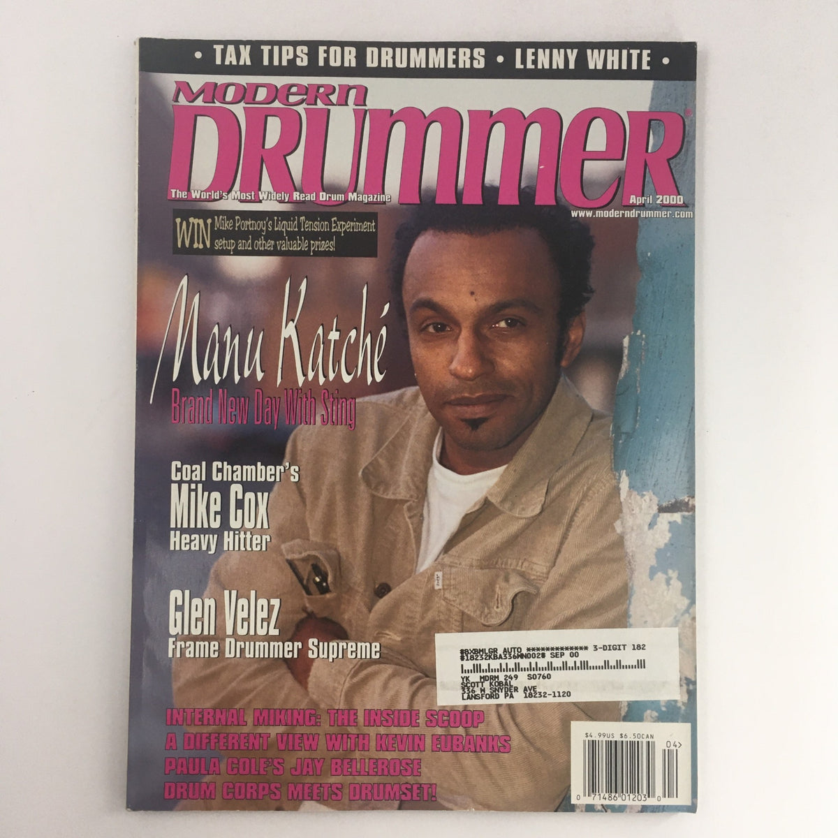 Cover of Modern Drummer Magazine April 2000 featuring Manu Katche, Mike Cox, and Glen Velez, highlighting their contributions to drumming.