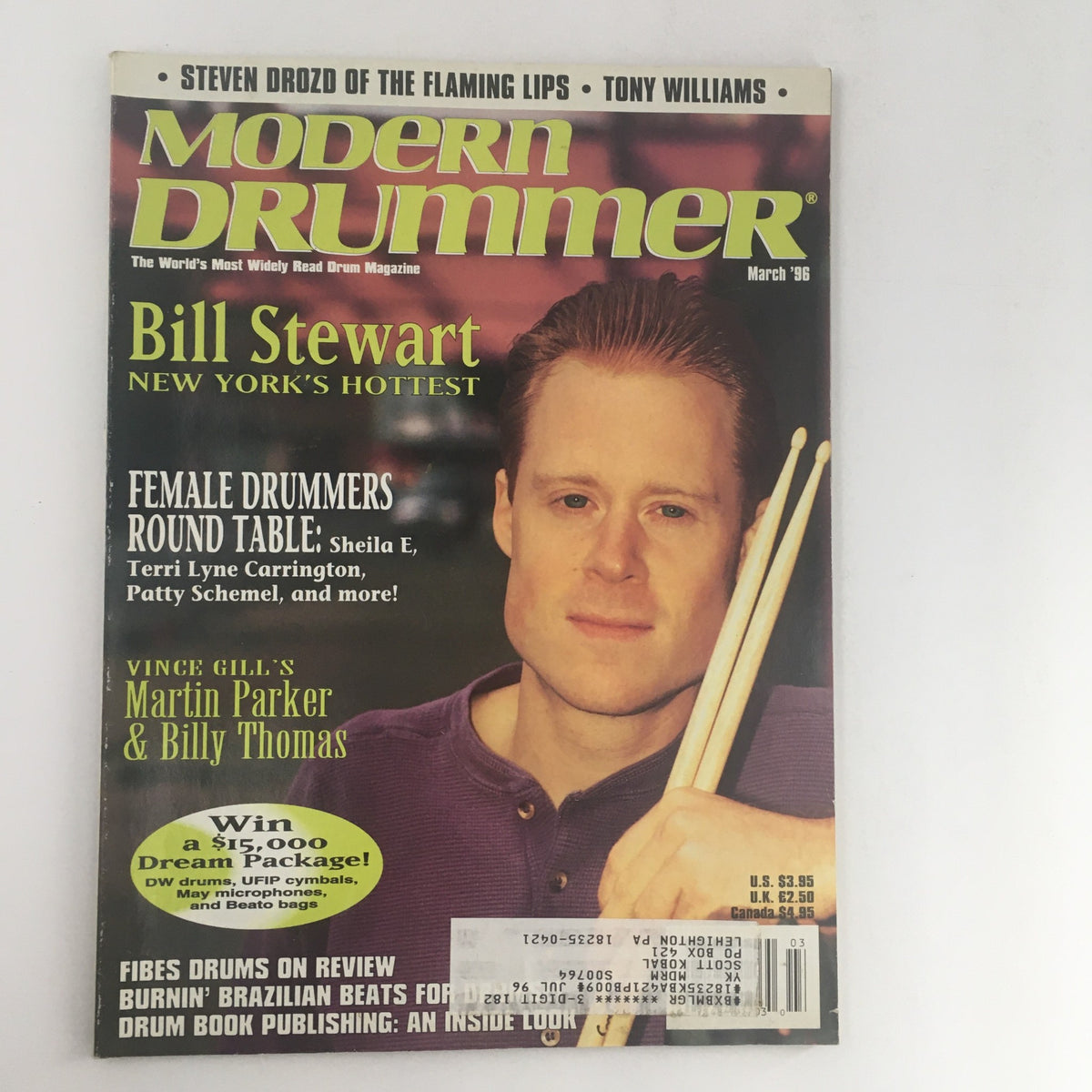 Cover of Modern Drummer Magazine March 1996 featuring Bill Stewart, showcasing articles on Sheila E. and Terri Lyne. This vintage magazine highlights the vibrant drumming scene.
