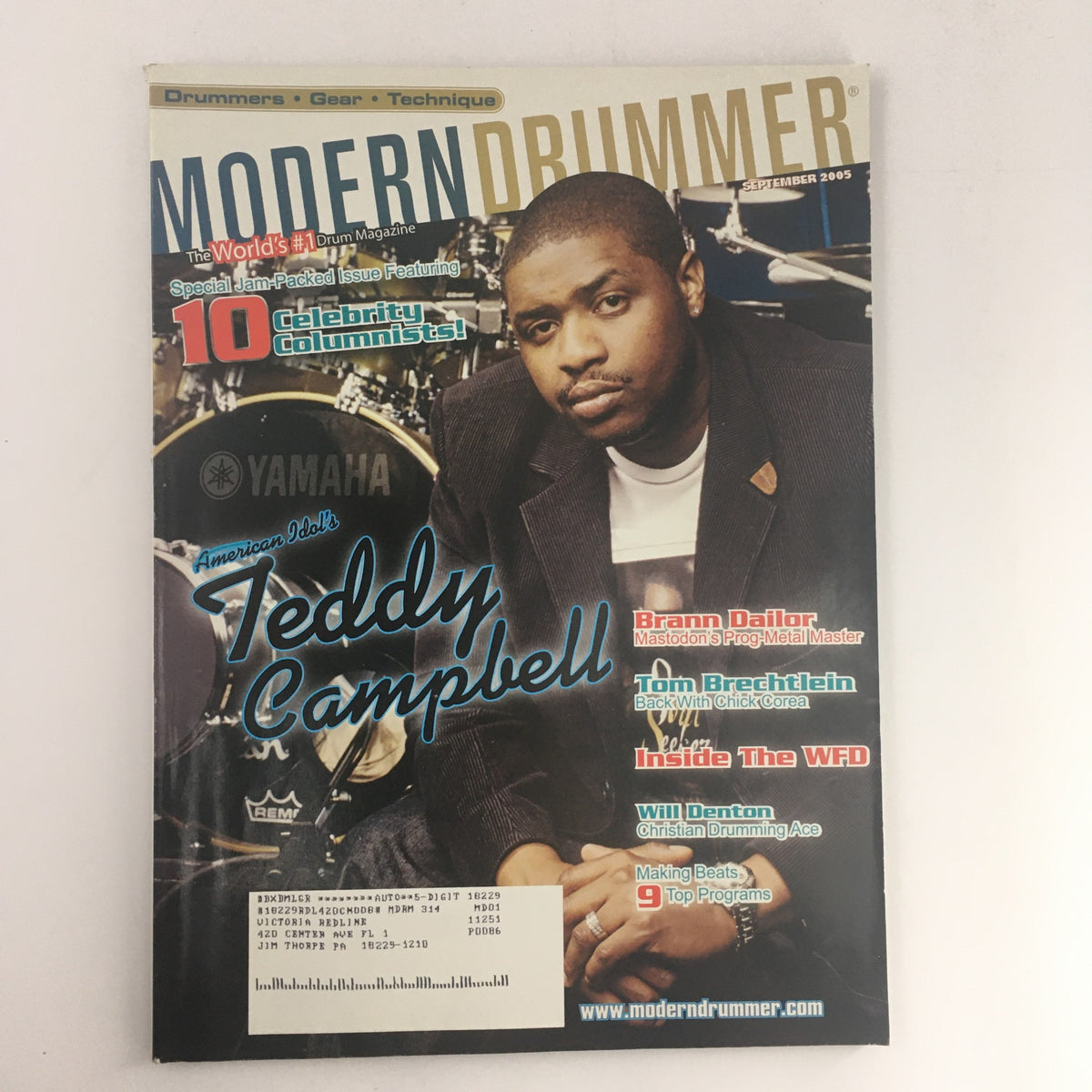 Cover of Modern Drummer Magazine September 2005 featuring Teddy Campbell, an iconic drummer, alongside mentions of Brann Dailor and Tom B. The magazine highlights drumming insights and collectibles.