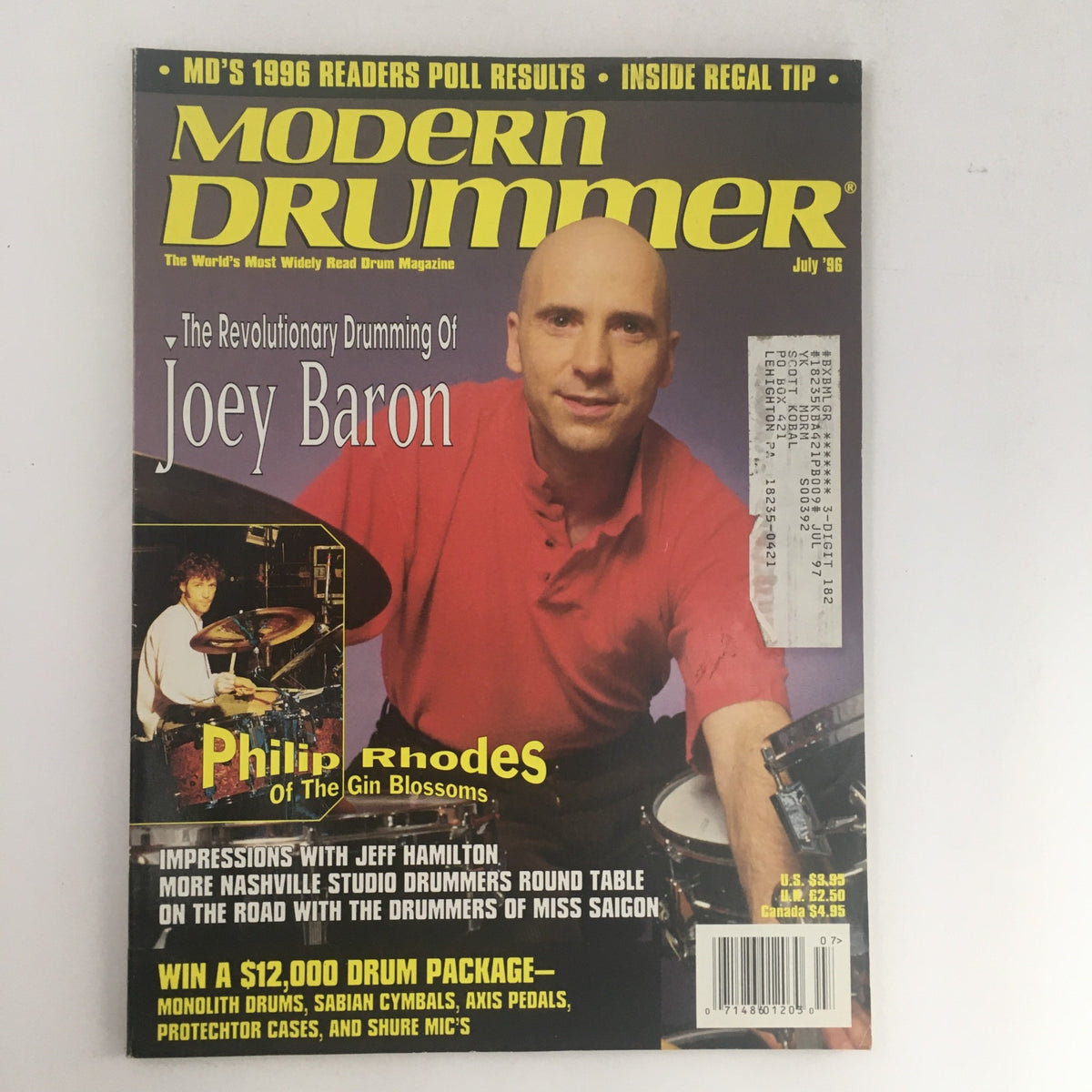 Cover of Modern Drummer Magazine July 1996 featuring Joey Baron, Philip Rhodes, and Jeff Hamilton. The magazine showcases drumming insights and industry features from a pivotal era in music history.