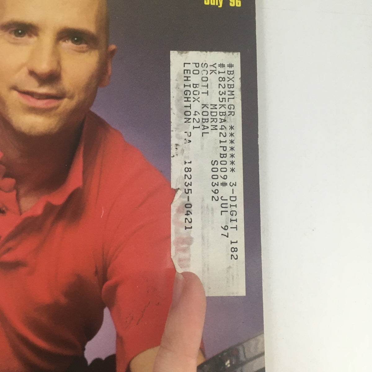 Close-up of the address label on the cover of Modern Drummer Magazine July 1996 highlighting subscription details and contact information, emphasizing its collectible vintage status.