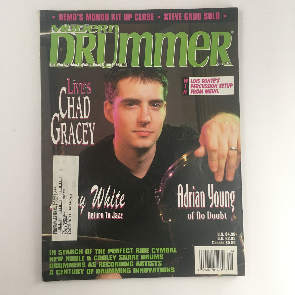 Modern Drummer Magazine June 1997 cover featuring Chad Gracey, Adrian Young, and Lenny White, highlighting their contributions to drumming with a vintage aesthetic.