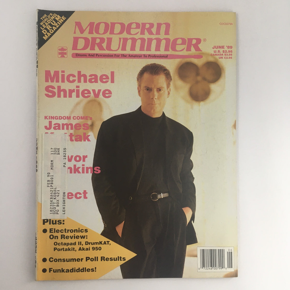 Modern Drummer Magazine June 1989 featuring Michael Shrieve on the cover, alongside James Kottak, highlighting drumming and percussion for enthusiasts with details about Akai 950.