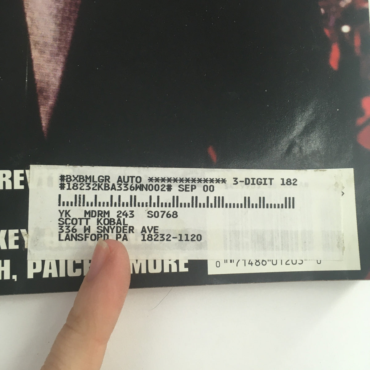 Address label on the back of Modern Drummer Magazine October 1999, featuring Scott Kobal's information, highlighting the magazine's vintage appeal.