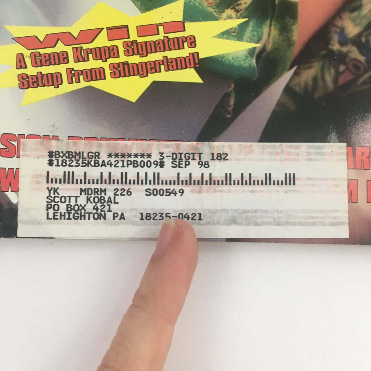 Address label section on the cover of Modern Drummer Magazine May 1998, featuring subscription information and a classic promotion. Highlights collectible elements of vintage magazines.