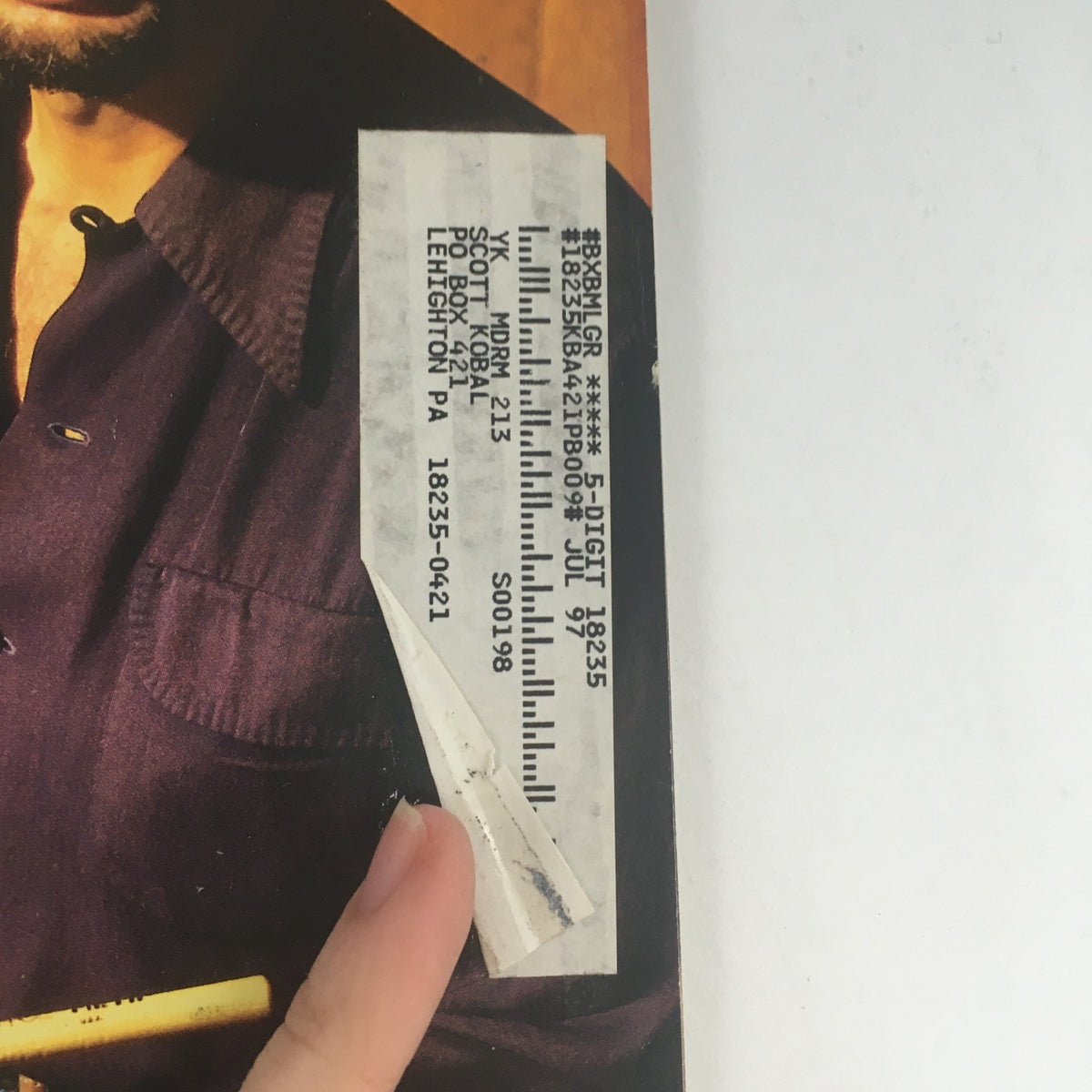 Close-up of the address label on the April 1997 Modern Drummer Magazine featuring Steve Smith, showcasing details for collectors.
