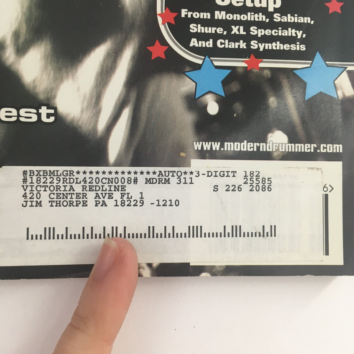 Address label from the back of Modern Drummer Magazine, June 2005 edition, showcasing details of the recipient and the mailing address.