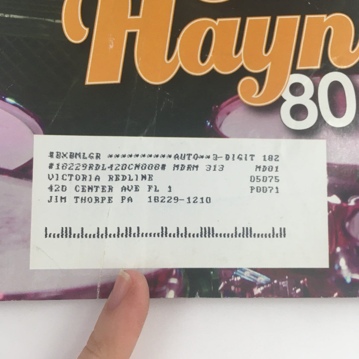 Close-up of the address label on the cover of Modern Drummer Magazine August 2005 featuring Roy Haynes, Chris Dave, and Gene Hoglan, highlighting vintage magazine details.