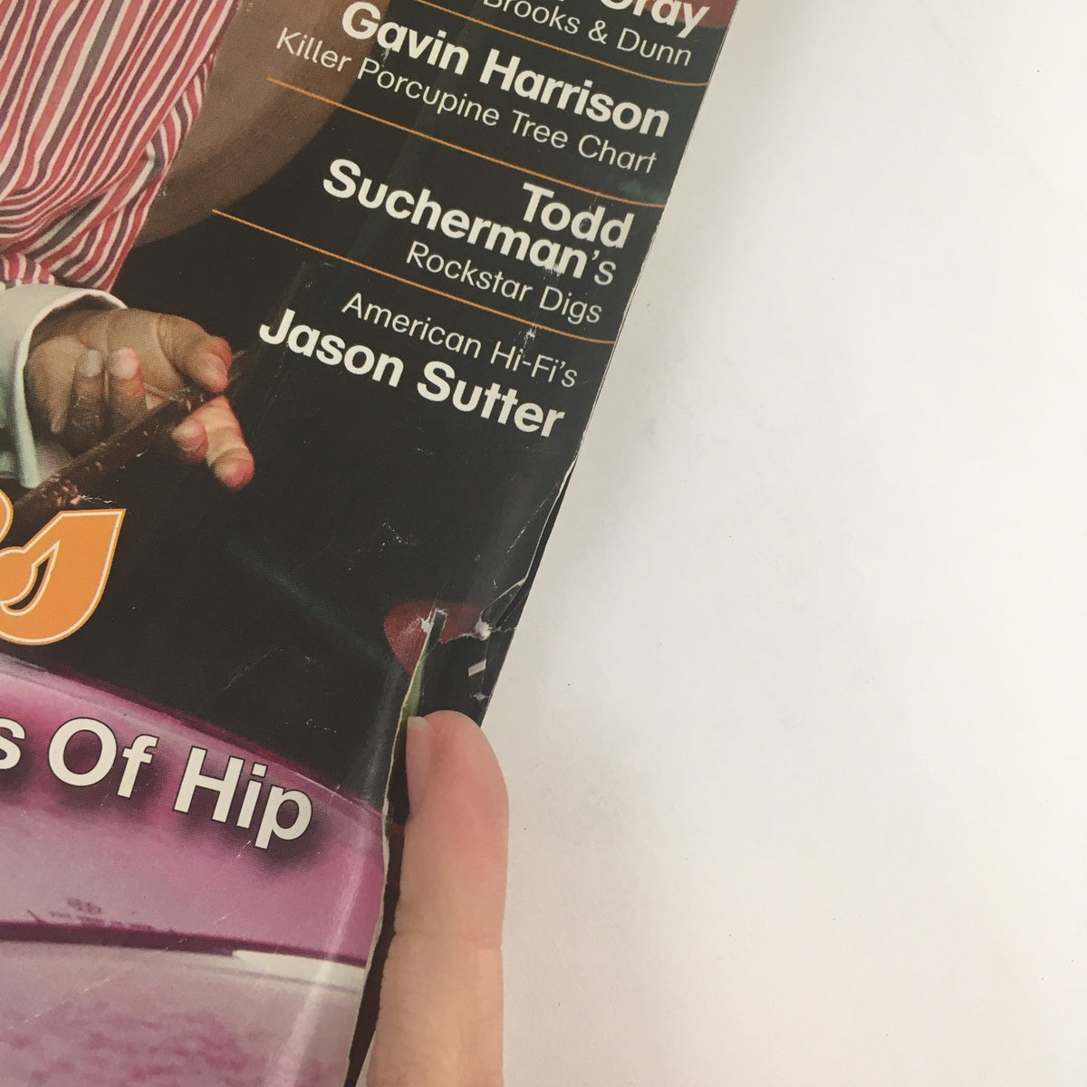 Detailed view of the cover of Modern Drummer Magazine August 2005, showcasing the names of featured drummers including Roy Haynes, Chris Dave, Gene Hoglan, and others.