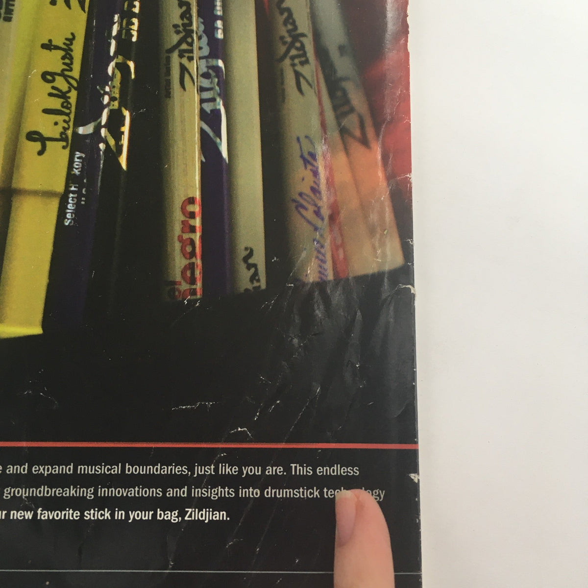 Image of the back cover of Modern Drummer Magazine August 2005, featuring Zildjian drumsticks and an advertisement for percussion innovations.