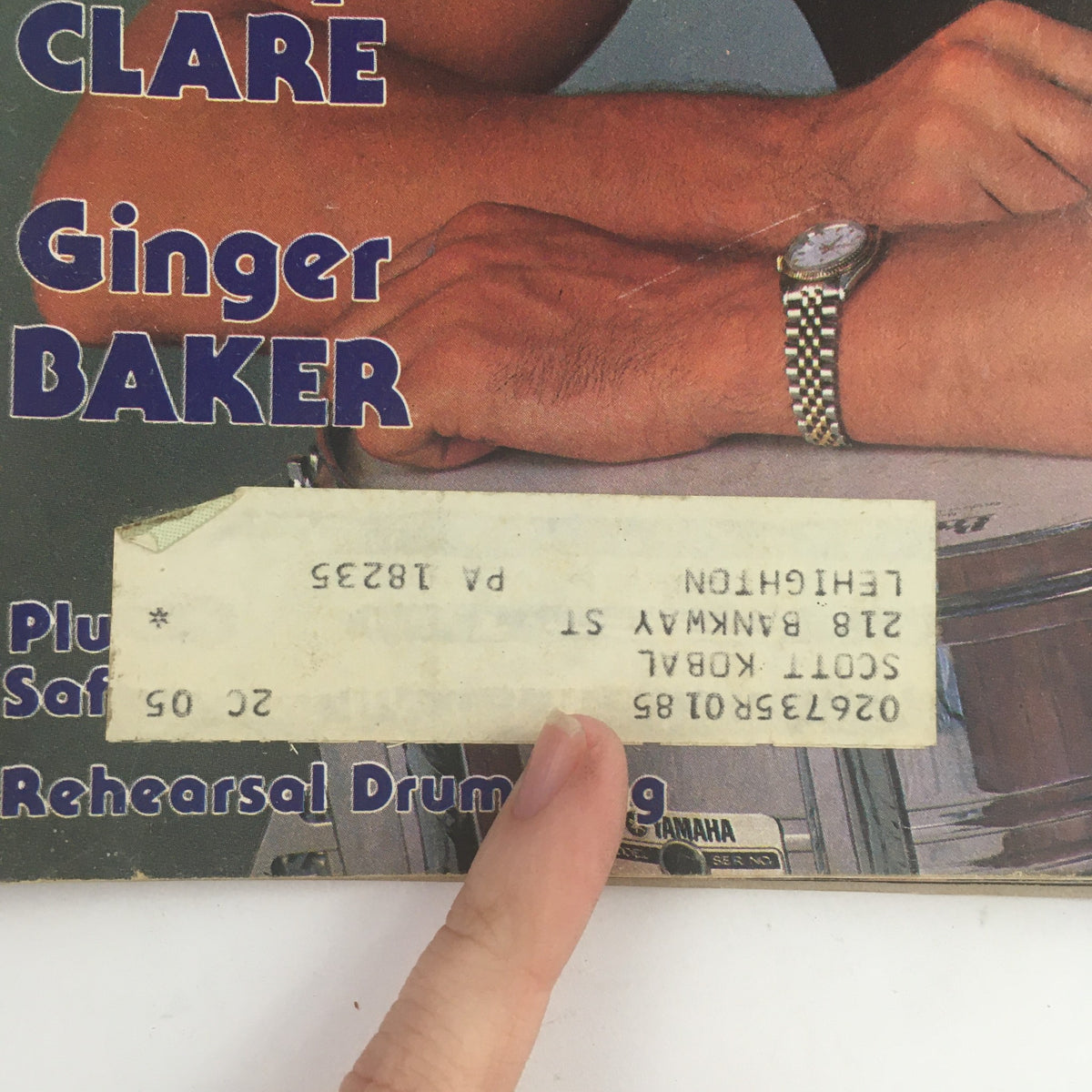 Close-up of the cover of Modern Drummer Magazine March 1983 showcasing the names Kenney Jones, John Marshall, Kenny Clare, and Ginger Baker, highlighting its collectible nature.