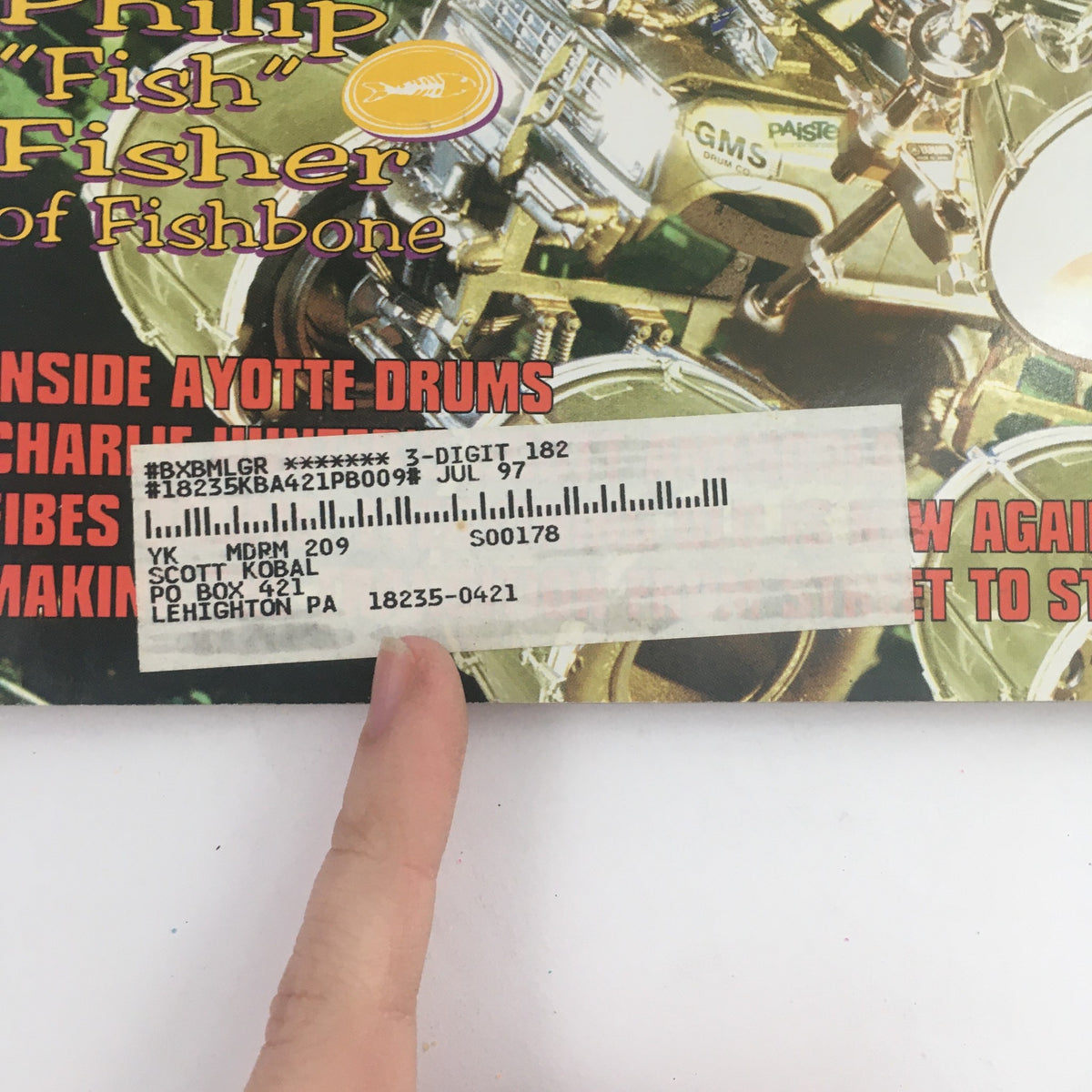 Close-up of the address label on the December 1996 issue of Modern Drummer Magazine, showcasing Scott Kobal's address.