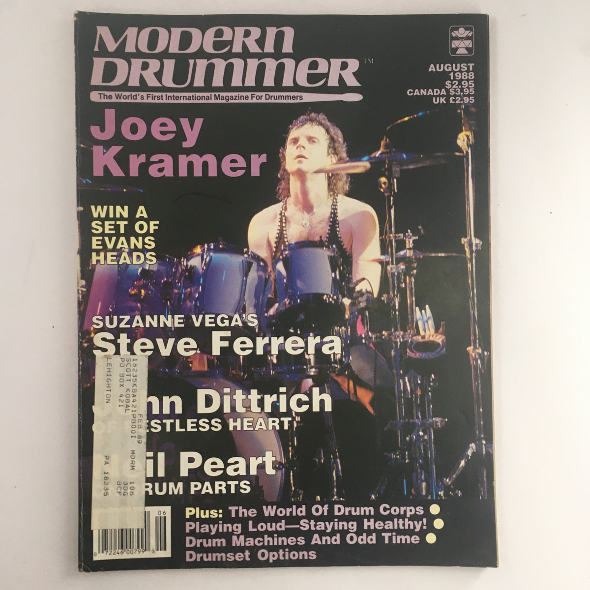 Modern Drummer Magazine August 1988 featuring Joey Kramer on the cover, showcasing his drumming performance.
