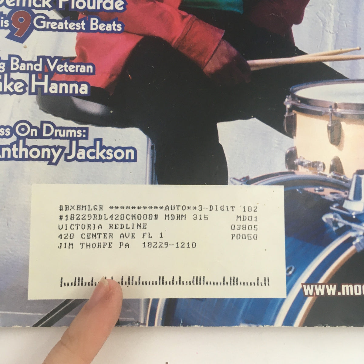 Back cover of Modern Drummer Magazine, October 2005, displaying an address label and details about the magazine's edition, emphasizing its status as a collectible for music enthusiasts.