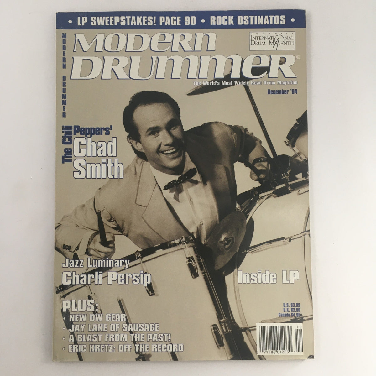 Cover of Modern Drummer Magazine December 1994 featuring Chad Smith of the Red Hot Chili Peppers, and highlights on Charli Persip and Jay Lane.